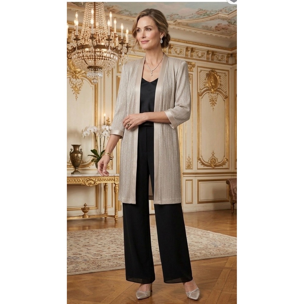 Vintage Champagne Metallic Shimmer Longline Open Front Cardigan Satin Trim Gold